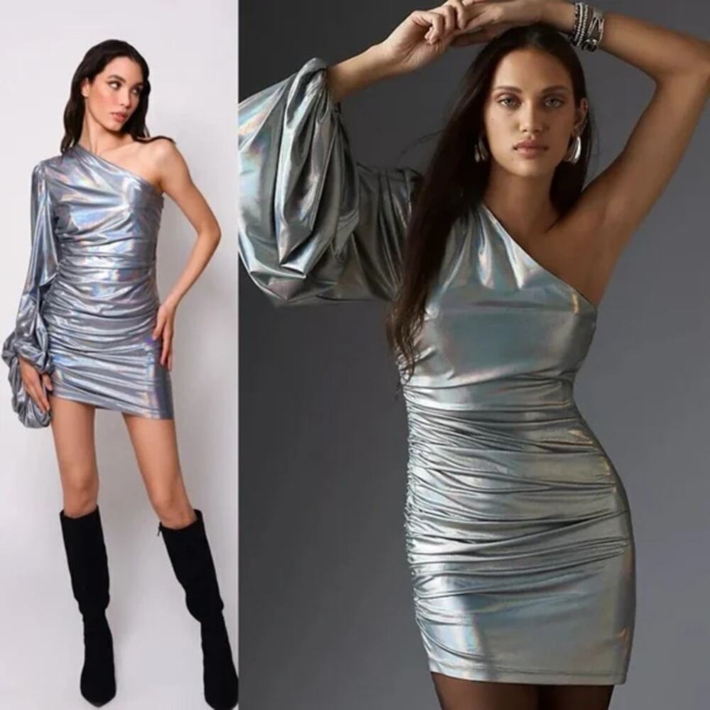 Hutch Cassi One Shoulder Iridescent Ruched Mini Dress Metallic Foil Shine Large